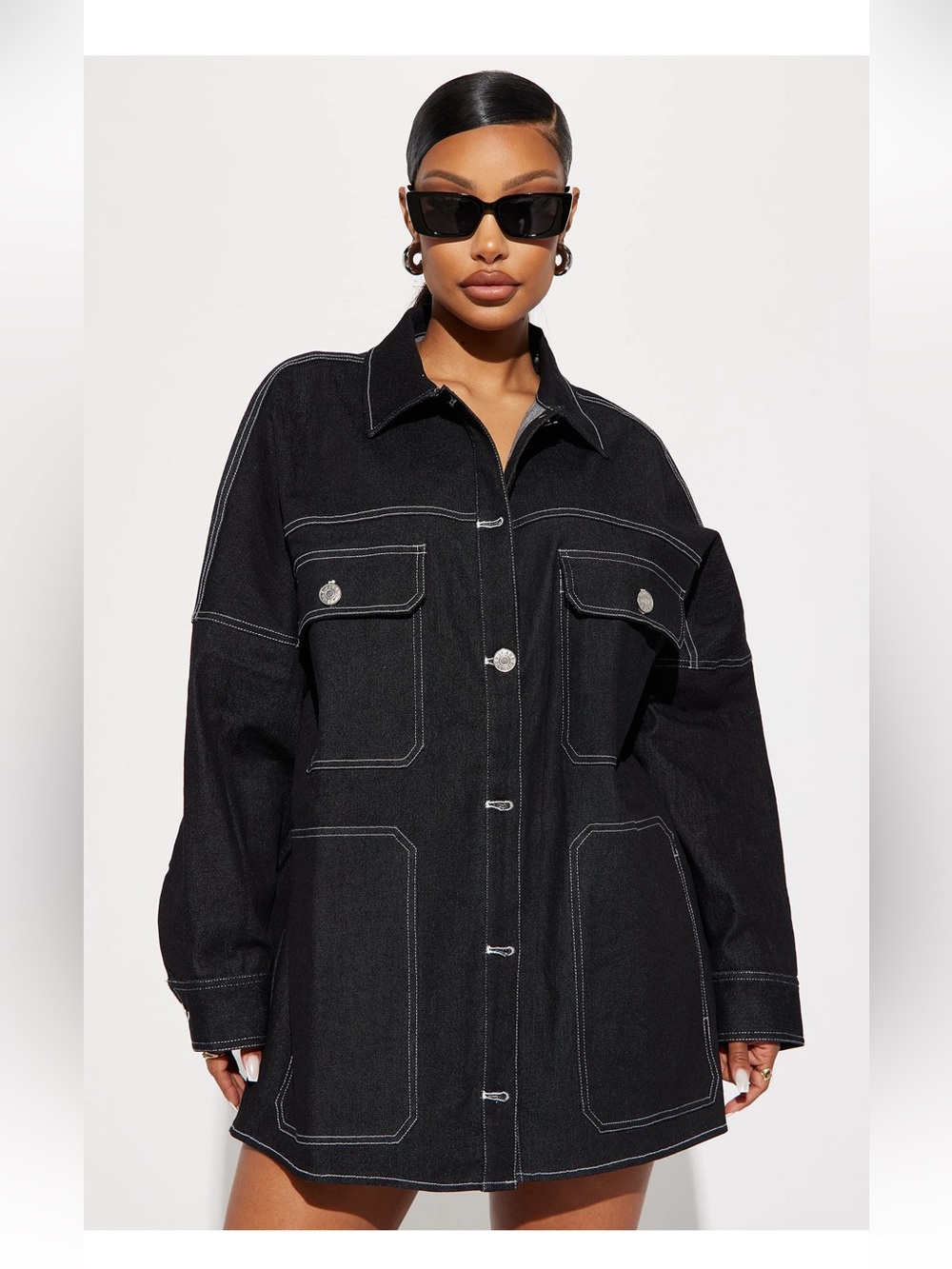 Black Contrast-Stitch Oversized Denim Jacket Skirt Set - Picture 2 of 5